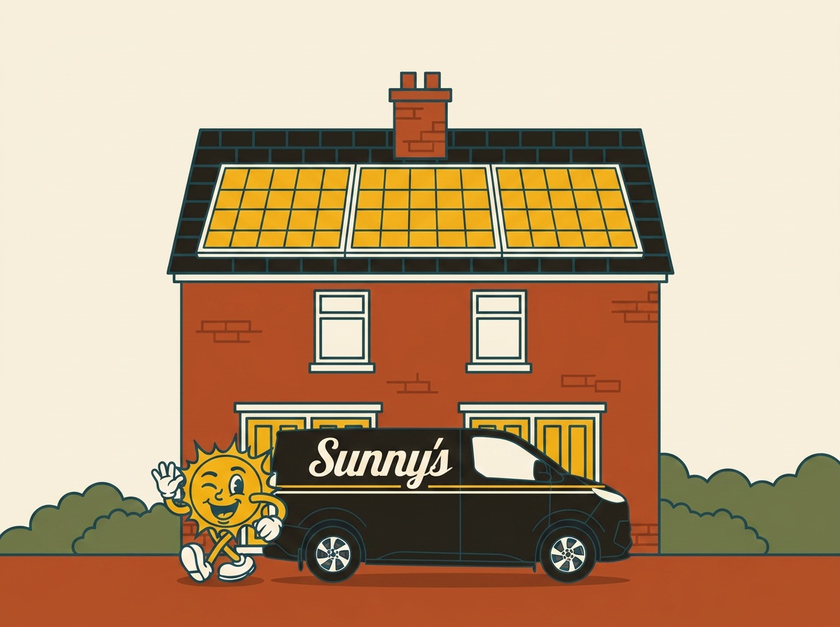 Illustration of the black Sunny's van outside a job with Sunny the mascot waving