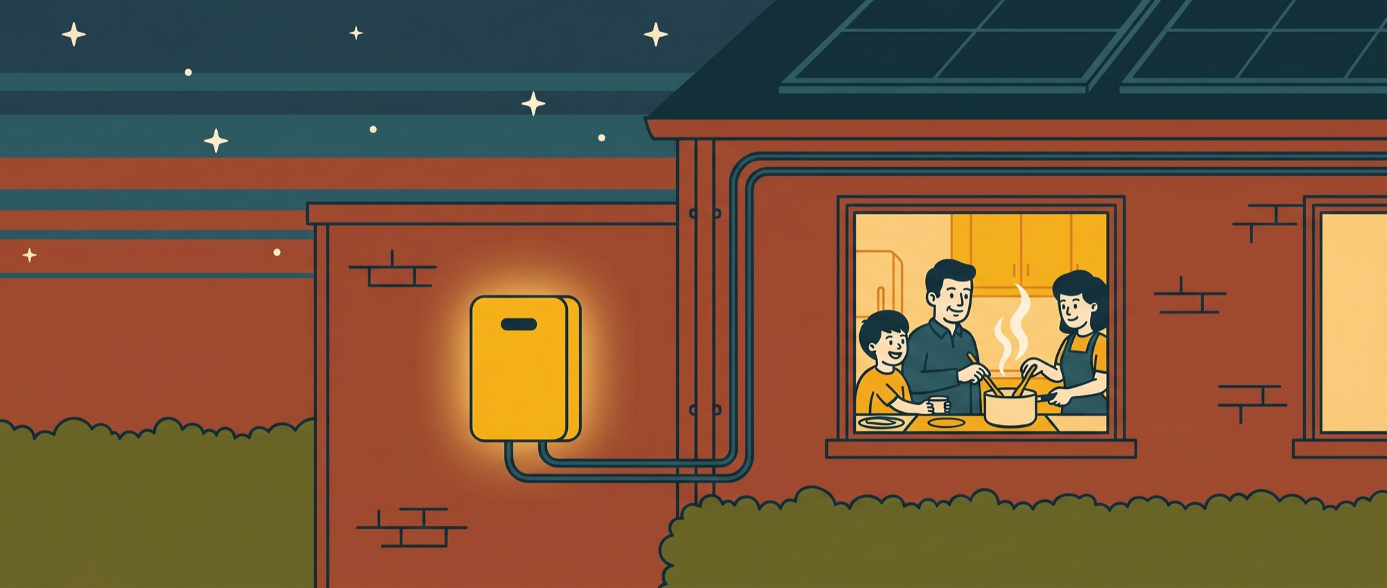 Illustration of a glowing home battery on a garage wall at dusk while a family cooks supper inside