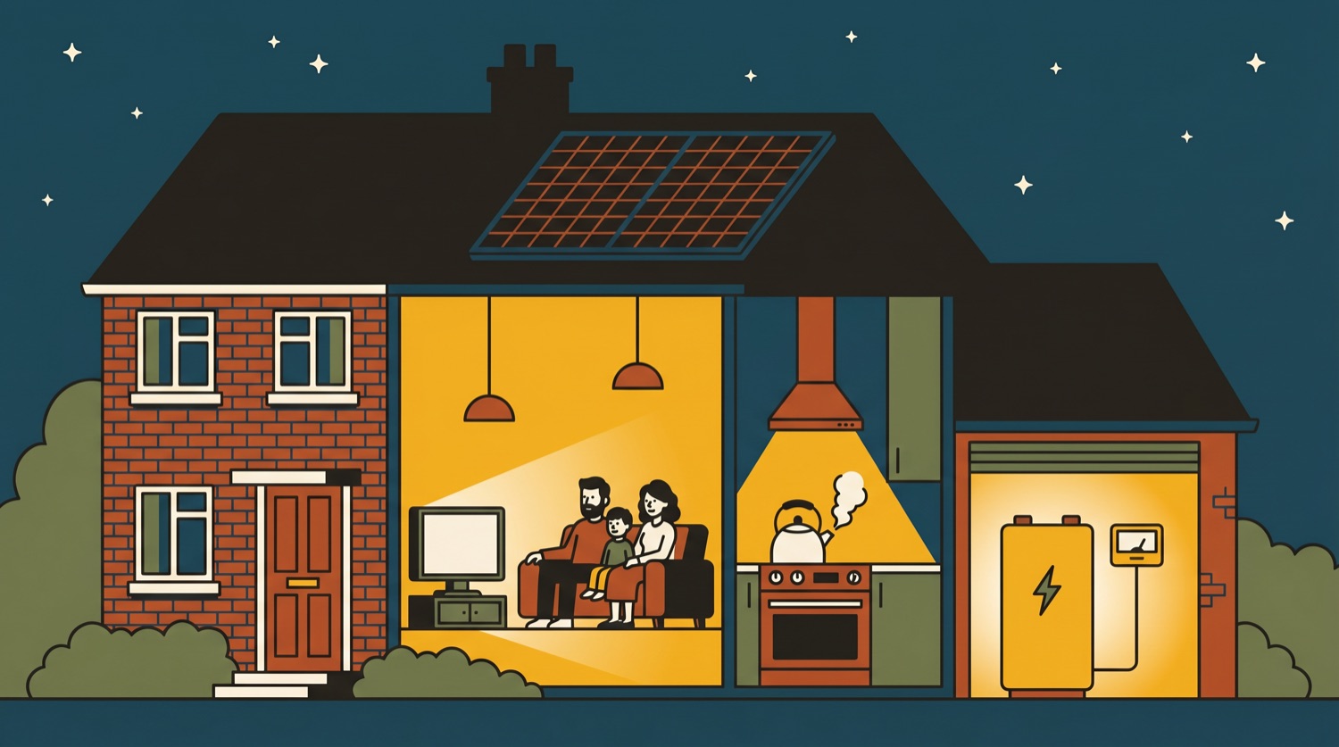 Cutaway illustration of a house at night: family watching television, kettle on, battery glowing in the garage