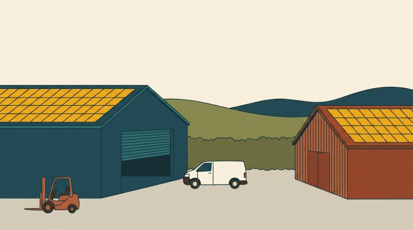 Illustrated commercial yard with solar-covered warehouse and barn, lit by the time of day you choose
