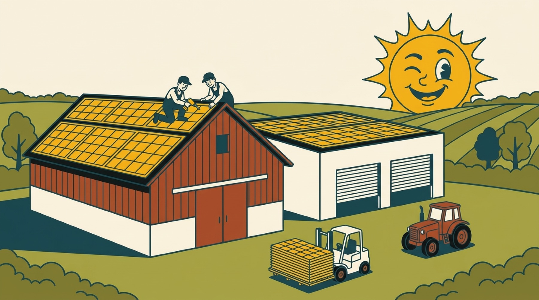 Illustration of a barn and warehouse with solar-covered roofs, installers fitting the last panel as a huge smiling sun rises behind
