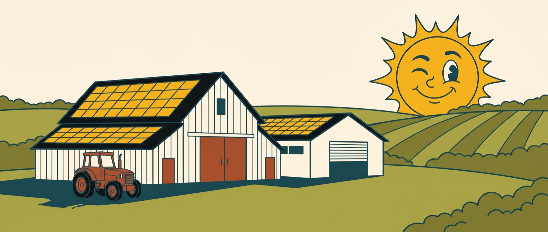 Illustrated barn and warehouse with solar-covered roofs in rolling fields