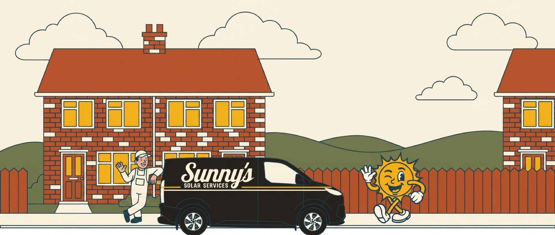 Illustration of the black Sunny's van parked on a street with an installer and Sunny the mascot both waving