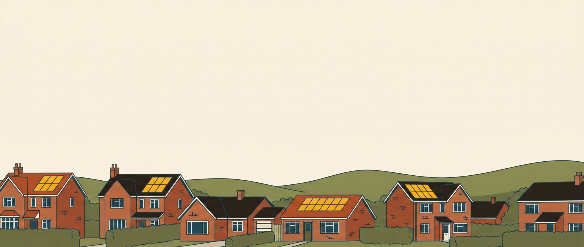 Illustrated street of West Country rooftops, lit by the time of day you choose