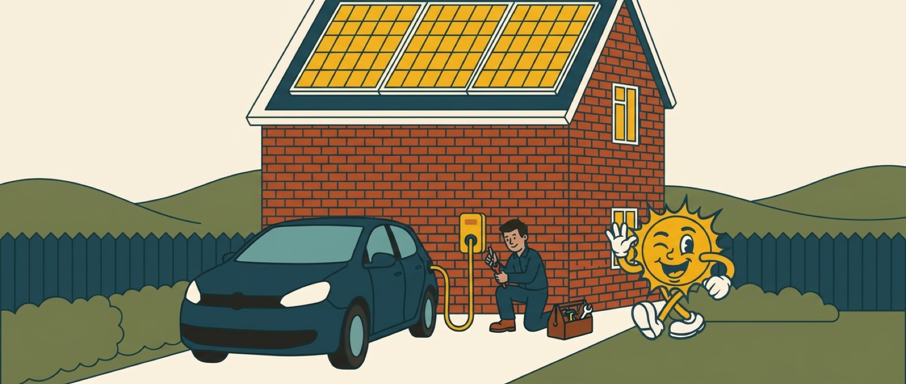 Illustration of an electric car charging from a marigold wallbox outside a house with solar panels, an electrician kneeling beside it