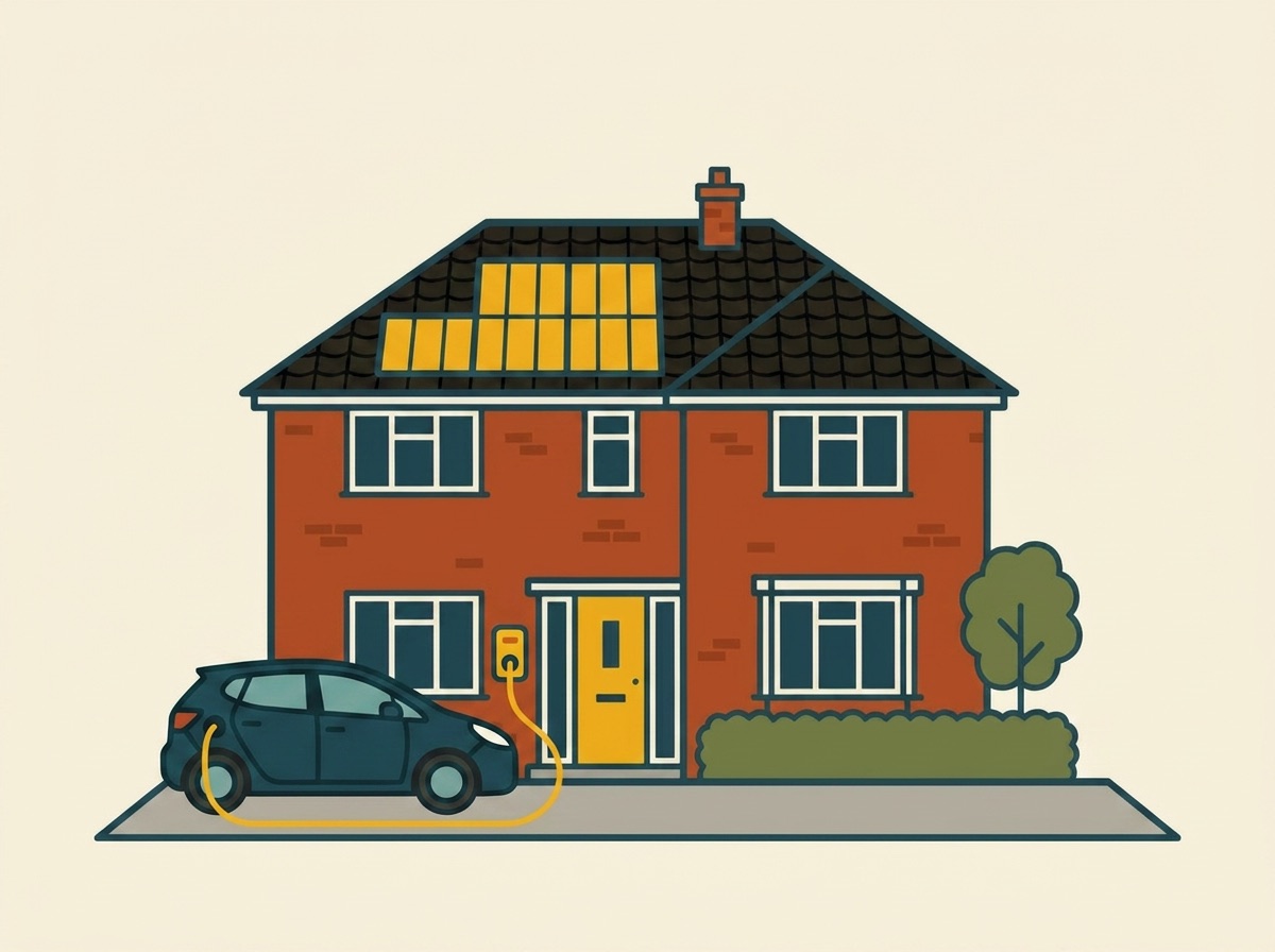 Illustration of an electric car on a driveway charging from a marigold wallbox, solar panels on the roof above