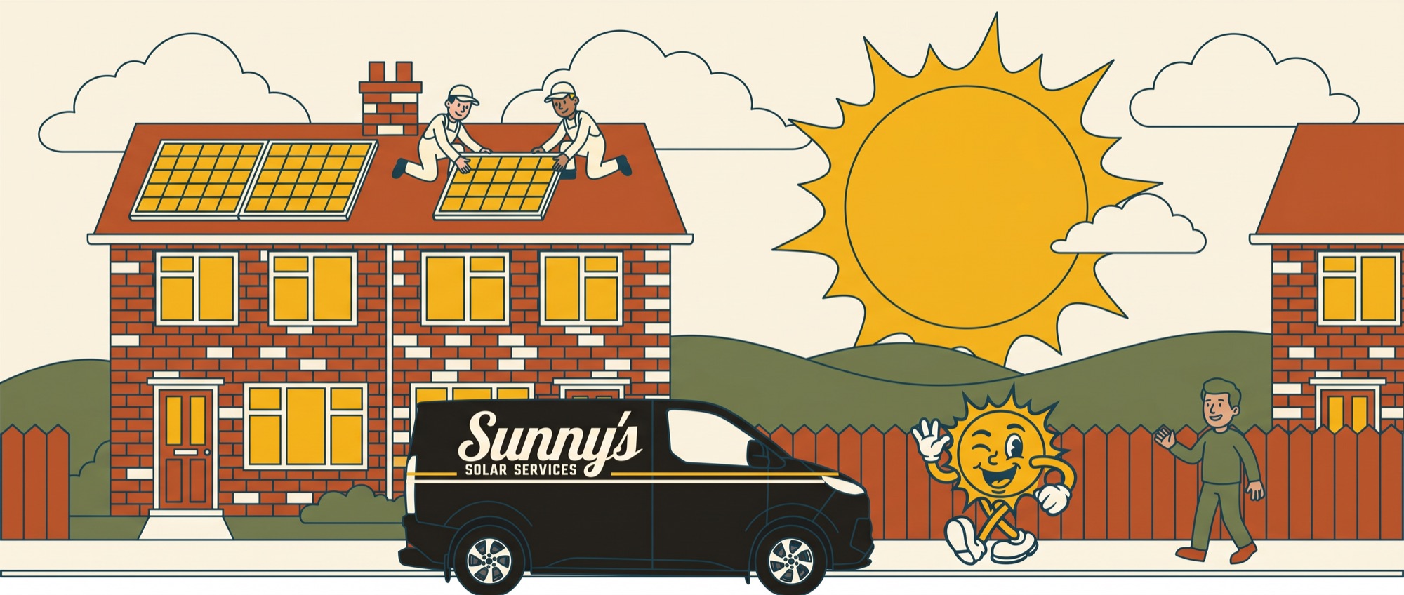 Illustrated street scene: the Sunny's van outside a semi-detached house while the crew fits solar panels and Sunny the mascot waves