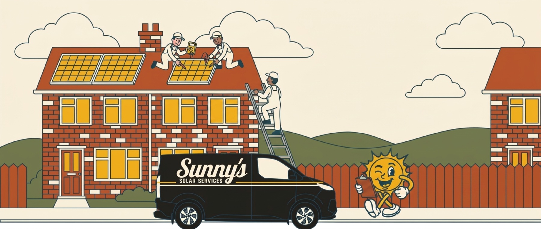 Illustration of electricians on a roof testing solar panels with a meter while Sunny the mascot checks a clipboard below