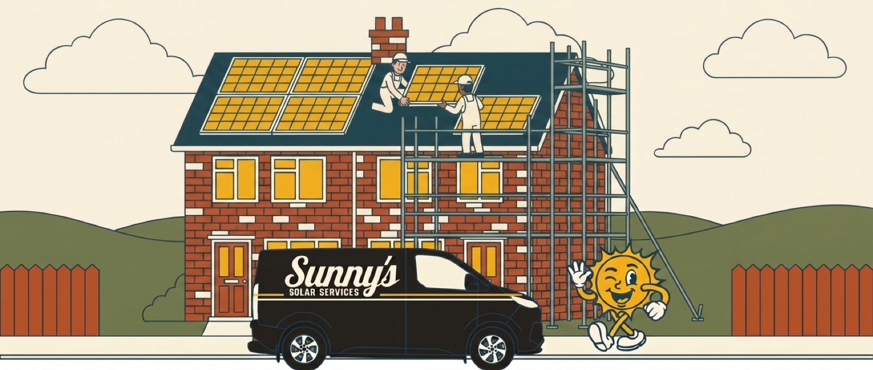 Illustration of a scaffolded house with the crew fitting solar panels and the black Sunny's van parked outside