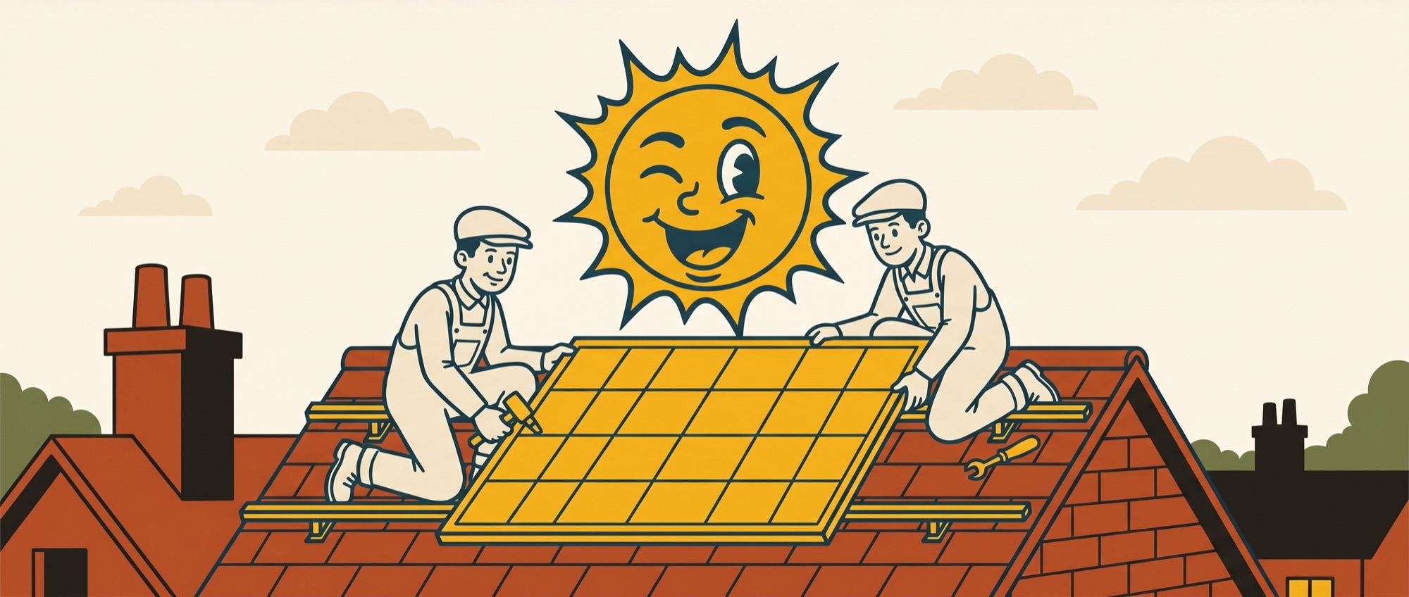 Illustration of two Sunny's installers fixing a marigold solar panel to roof rails in front of a huge sun