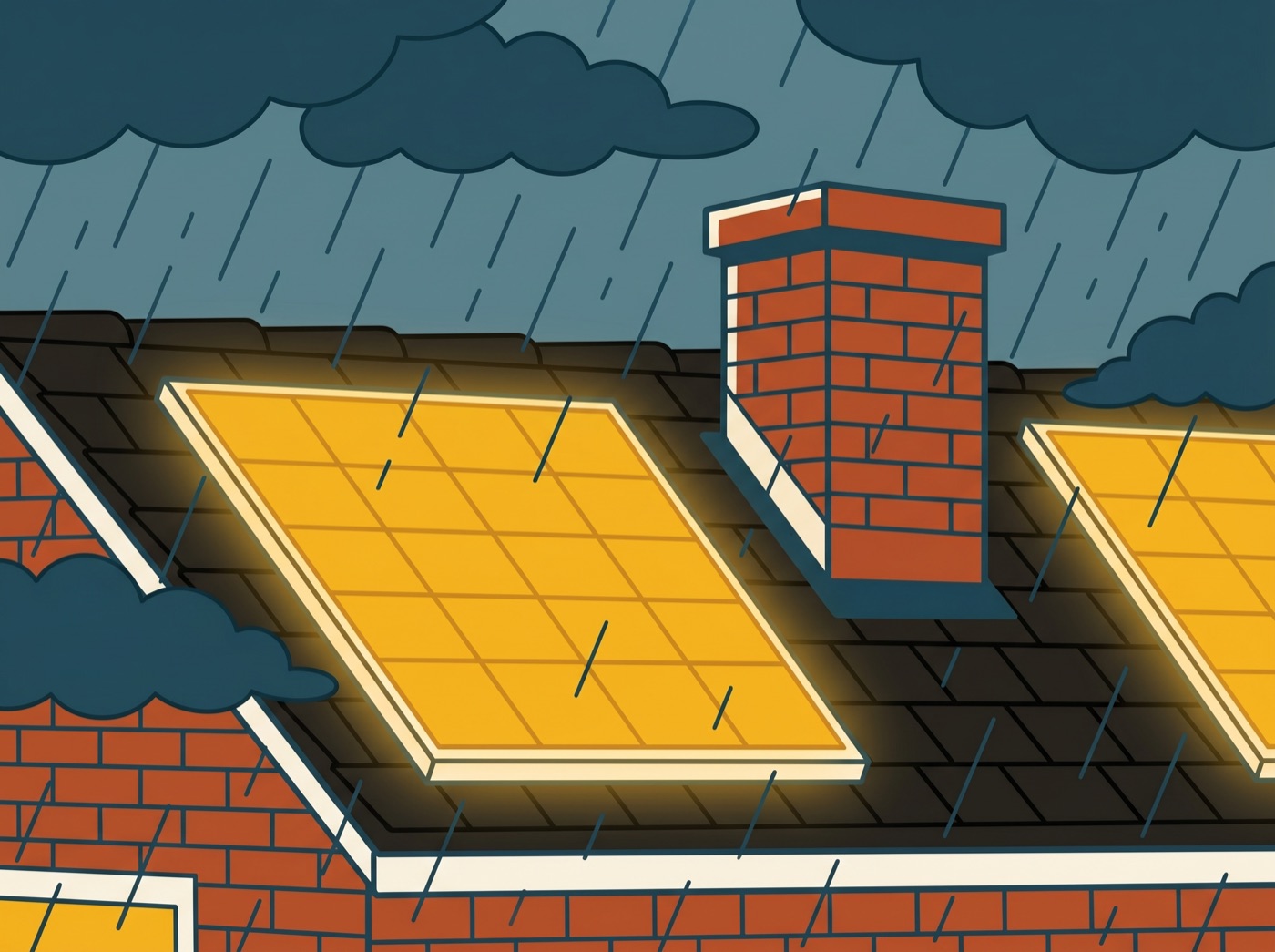 Illustration of solar panels glowing happily under a rainy teal sky, umbrella by the chimney