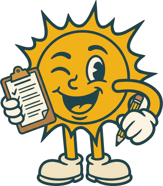 Sunny the mascot holding a clipboard