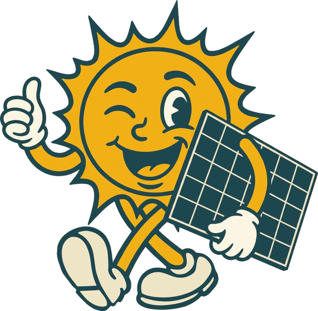 Sunny the mascot carrying a solar panel