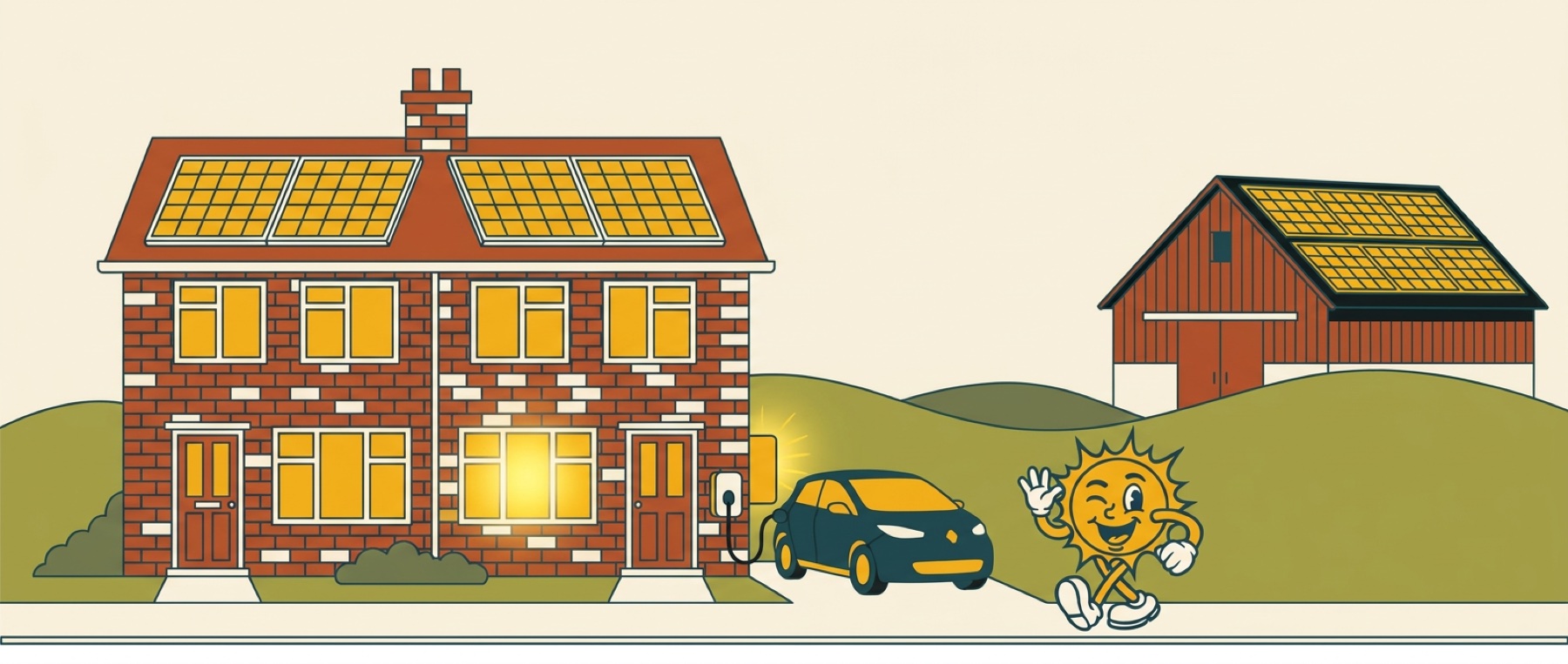 Illustration of a house with solar panels, a home battery and an electric car charging, with a solar-covered barn on the hill behind