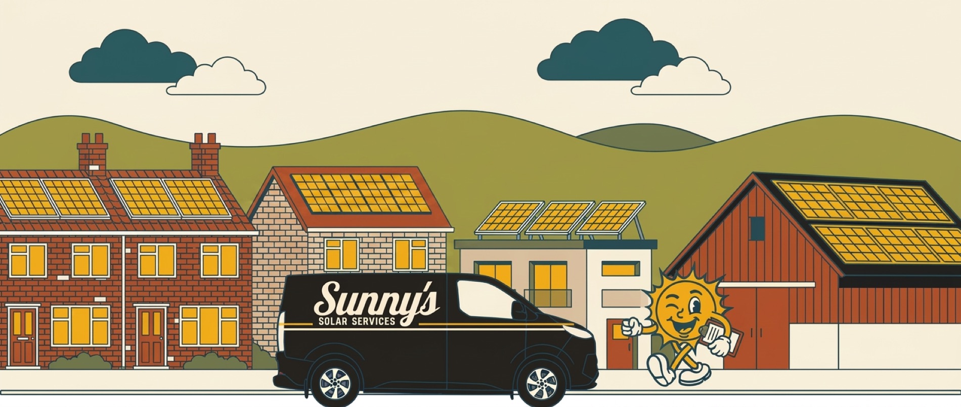Illustration of a street of finished buildings, a terrace, a detached house, a flat-roofed block and a barn, every roof carrying solar panels, with the Sunny's van and the sun mascot passing by